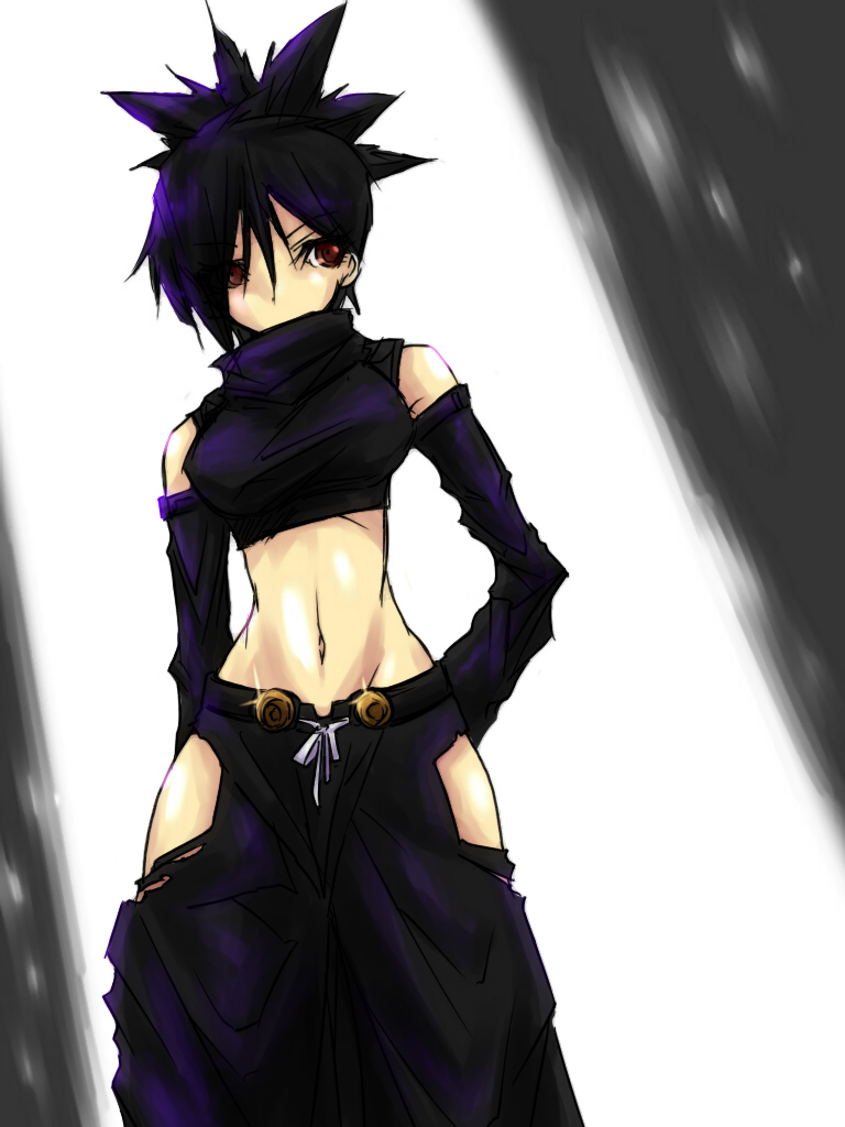 arms_behind_back, ayame, bare_shoulders, black_hair, crop_top, detached_sleeves, halter_top, halterneck, jin_(artist), midriff, navel, ninja, red_eyes, slender_waist, solo, tenchu