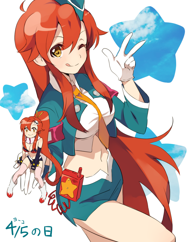 1girl, alternate_hairstyle, bangs, crop_top, dual_persona, garrison_cap, gloves, hair_down, hair_ornament, hat, linaria_(ookinahitomi), long_hair, navel, necktie, pieces_of_sweet_stars, ponytail, red_hair, redhead, scarf, skirt, smile, tengen_toppa_gurren_lagann, thigh-highs, thighhighs, tongue, v, wink, yellow_eyes, yoko_littner