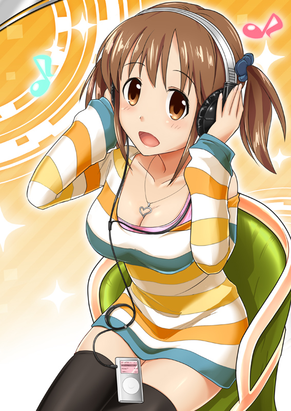 300cm, black_legwear, breasts, brown_eyes, brown_hair, chair, cinderella_girls_card_parody, cleavage, digital_media_player, dress, headphones, idolmaster, idolmaster_cinderella_girls, jewelry, musical_note, necklace, parody, sitting, sparkle, striped, thigh-highs, thighhighs, totoki_airi, twintails