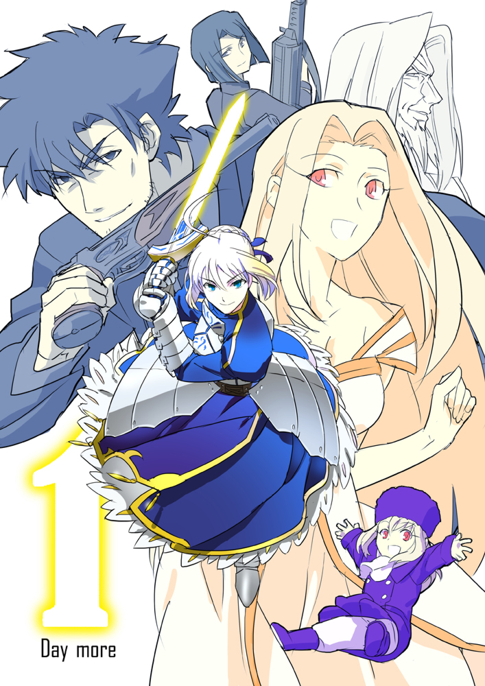 4girls, ahoge, armor, armored_dress, blonde_hair, blue, blue_eyes, countdown