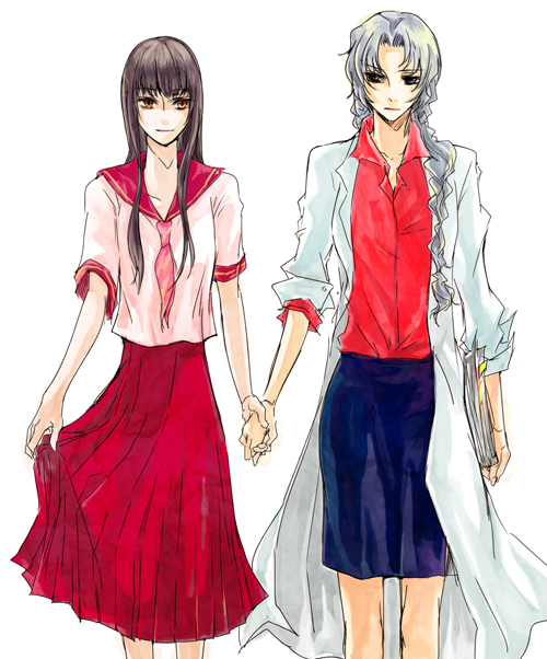 alternate_costume, black_hair, braid, carrying, contemporary, grey_eyes, hand_holding, holding_hands