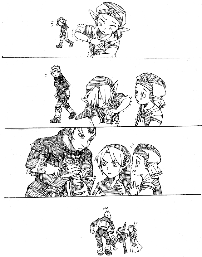 4koma, bottle, comic, ganondorf, gloves, goma_tonbi, greyscale, hat