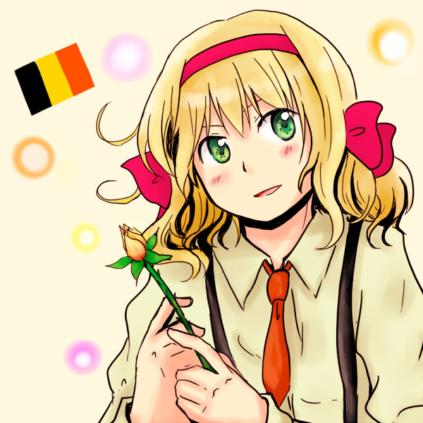belgium_(hetalia), blonde_hair, blue_eyes, blush, flag, flower, green_eyes, hair_ribbon