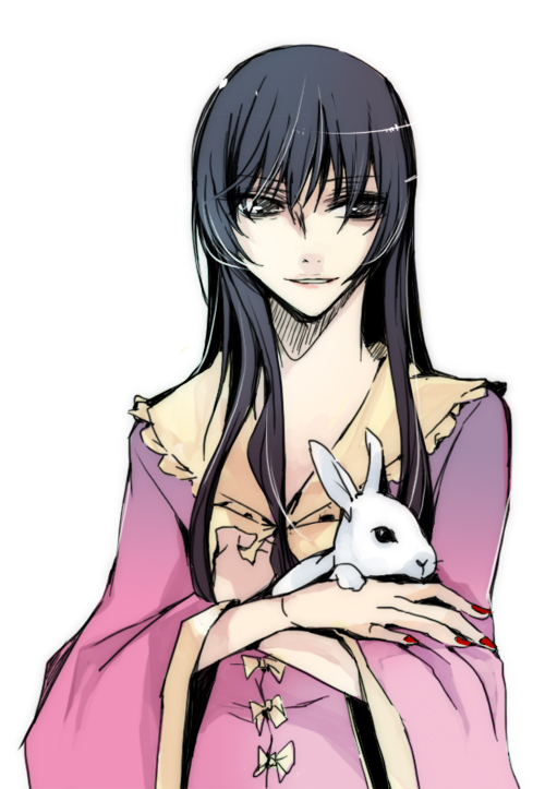 black_hair, bunny, hands, holding, houraisan_kaguya, lipstick, long_hair, monochrome