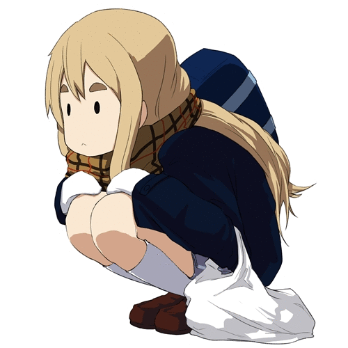 :<, animated, animated_gif, bag, blonde_hair, coat, eyebrows, hands_on_knees