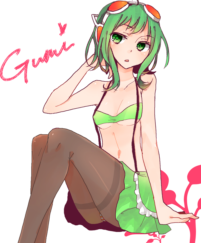 black_legwear, goggles, goggles_on_head, green_eyes, green_hair, gumi, kawara, midriff