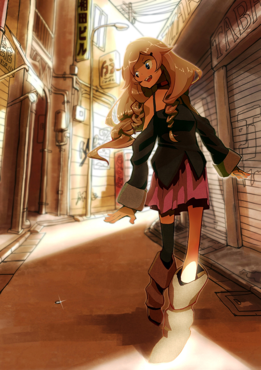 bare_shoulders, blonde_hair, blue_eyes, boots, braid, coin, highres, ia_(vocaloid), isuke, long_hair, nihonbashi_koukashita_r_keikaku_(vocaloid), off_shoulder, open_mouth, outdoors, single_thighhigh, skirt, smile, solo, street, thigh-highs, thighhighs, twin_braids, vocaloid, waking, walking