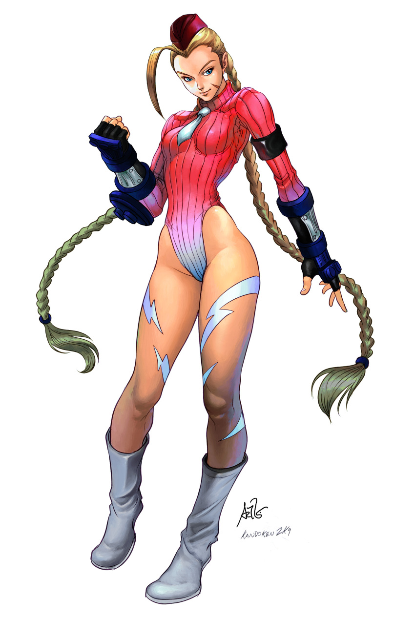 1girl, alternate_color, blonde_hair, blue_eyes, boots, braid, cammy_white, capcom, fingerless_gloves, garrison_cap, gloves, hat, highres, leotard, long_hair, scar, smile, stanley_lau, steven_mack, street_fighter, twin_braids