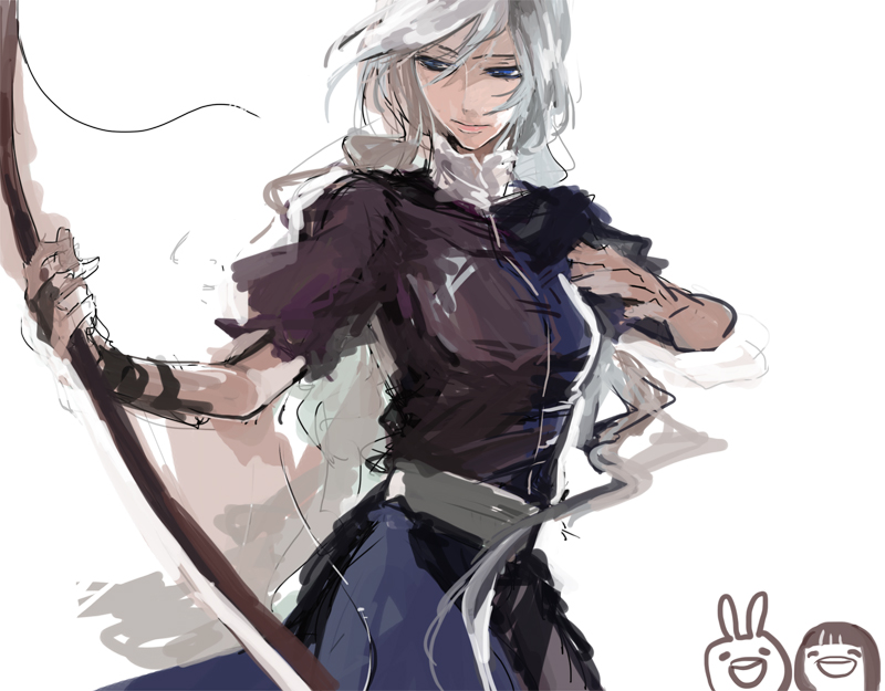bow, bow_(weapon), hands, holding, lips, long_hair, looking_down, rama