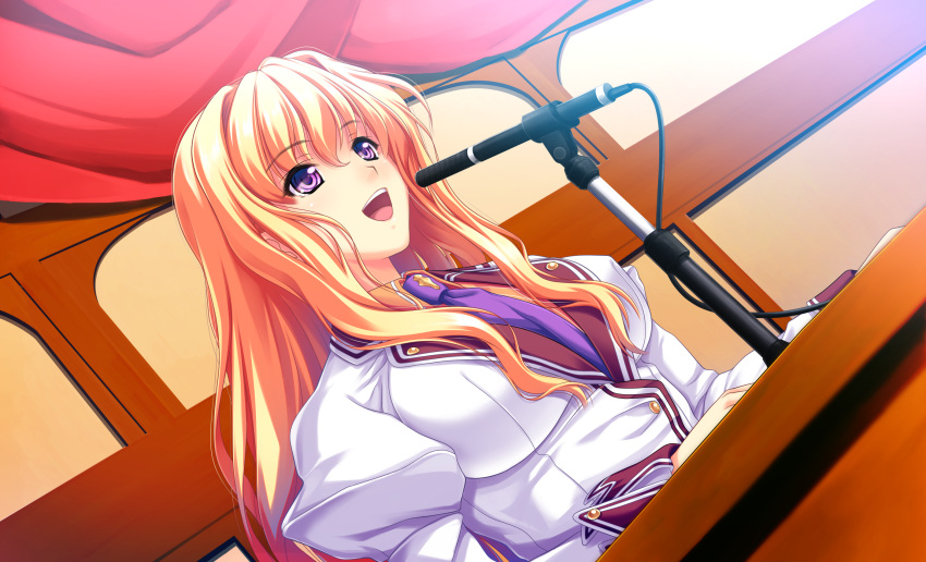 amasaka_takashi, blonde_hair, game_cg, koi_mekuri_clover, microphone, niina_ayami, seifuku
