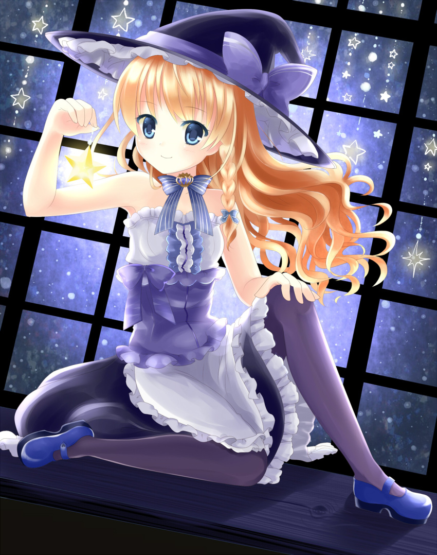 alternate_clothing, alternate_costume, bare_shoulders, black_legwear, blonde_hair, blue_eyes, blush, bow