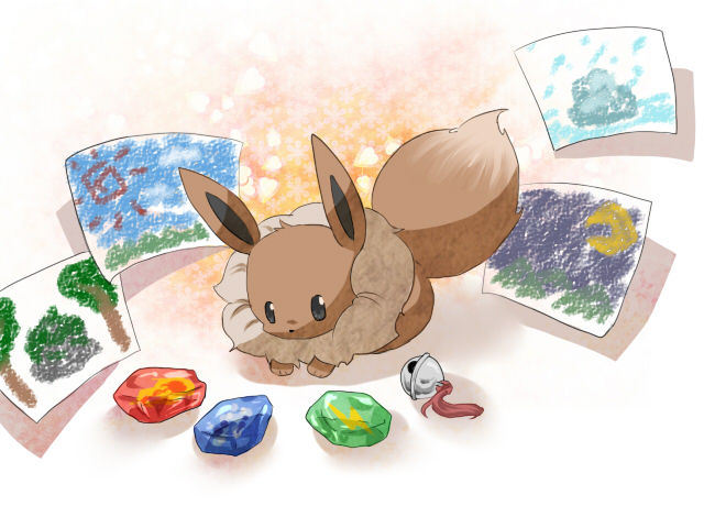 bell, black_eyes, drawing, eevee, evolutionary_stone, fire_stone, fox, looking_down