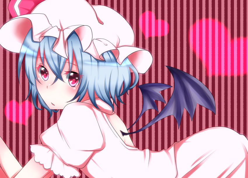 aoi_(husiginokuninoa), bad_id, bat_wings, blue_hair, hat, heart, highres, red_eyes