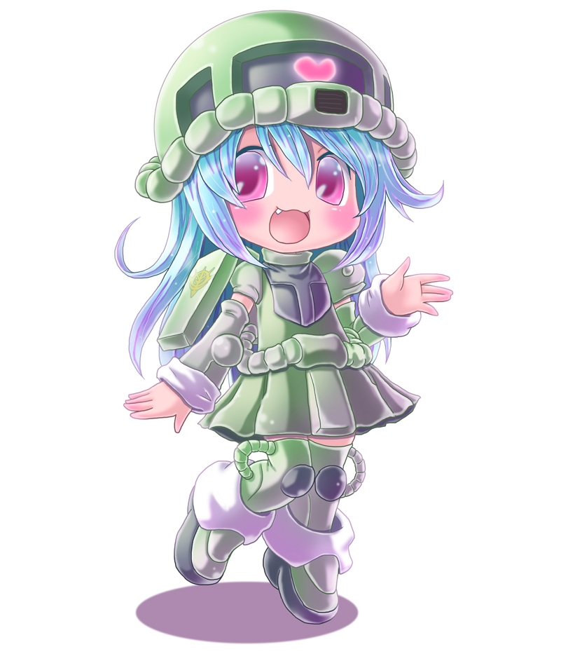 1girl, :d, blue_hair, fang, gundam, gundam_girl, heart, mecha_musume