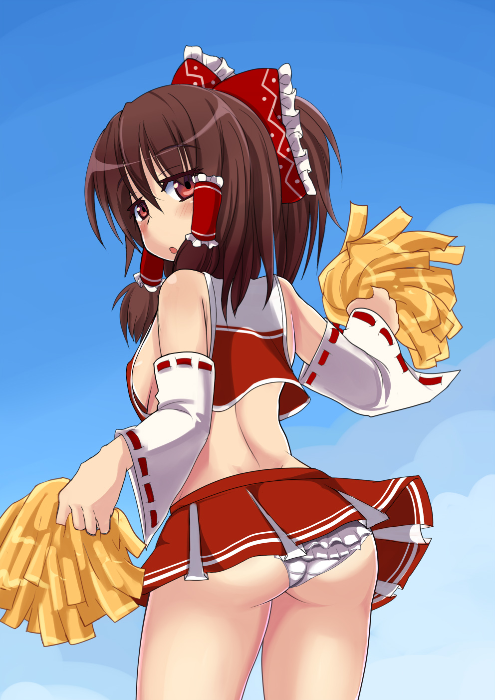 adapted_costume, arm_up, ass, blue_sky, bow, breasts, brown_eyes, brown_hair, cheerleader, comord, detached_sleeves, hair_bow, hair_tubes, hakurei_reimu, highres, japanese_clothes, midriff, miko, open_mouth, panties, pom_poms, shirt, sideboob, skirt, skirt_set, sky, solo, touhou, turning, underwear, white_panties