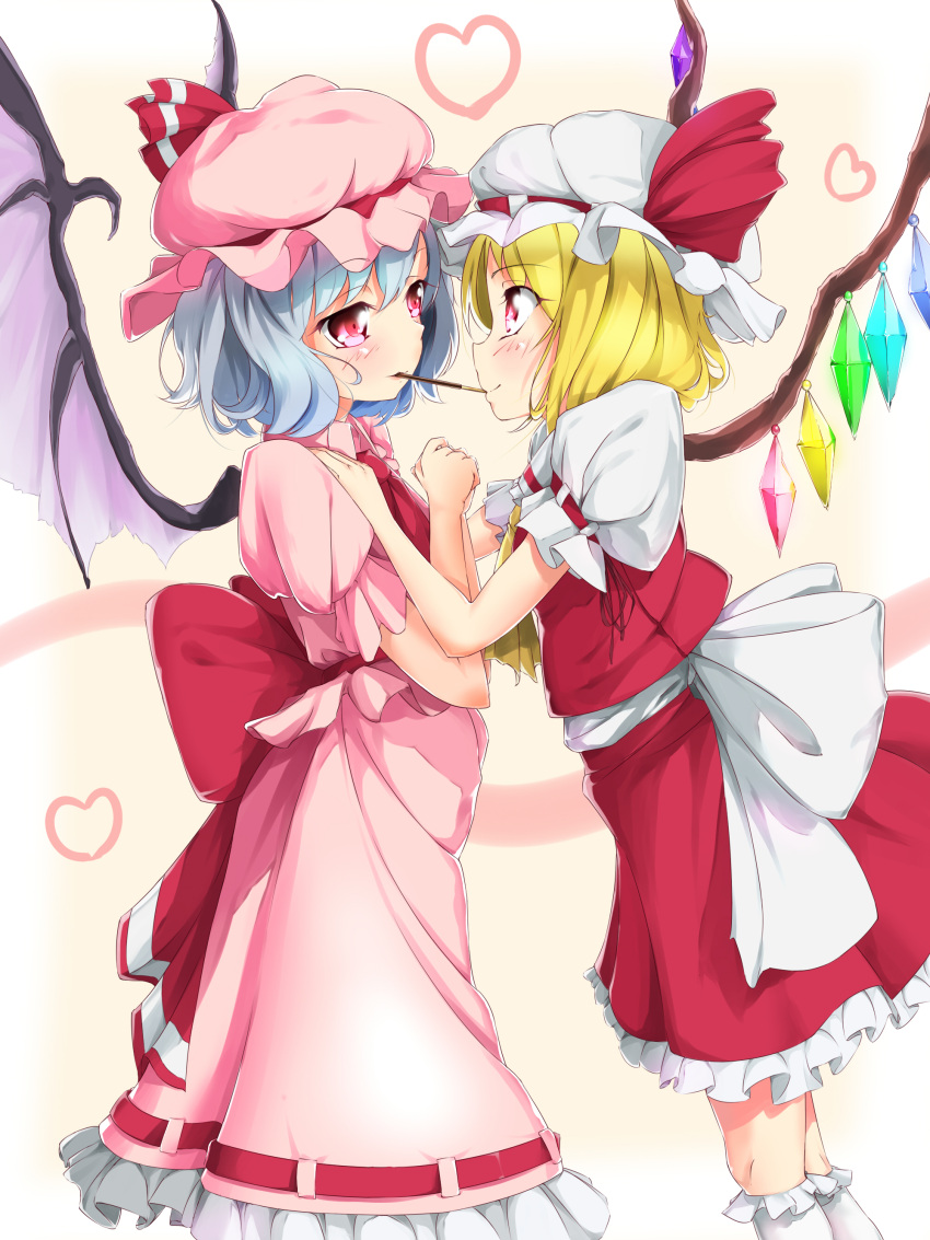 absurdres, bat_wings, blonde_hair, blue_eyes, blue_hair, flandre_scarlet, hands_on_shoulders, hat