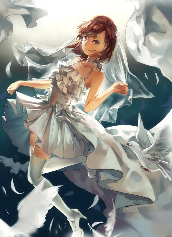 bare_shoulders, bird, brown_eyes, brown_hair, dress, flower, hair_flower, hair_ornament