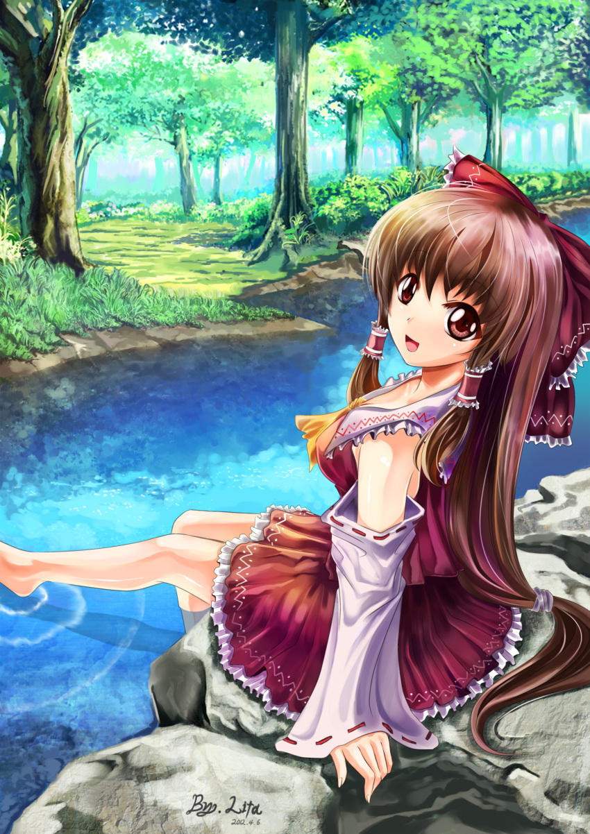 absurdres, ascot, barefoot, bow, brown_eyes, brown_hair, detached_sleeves, forest