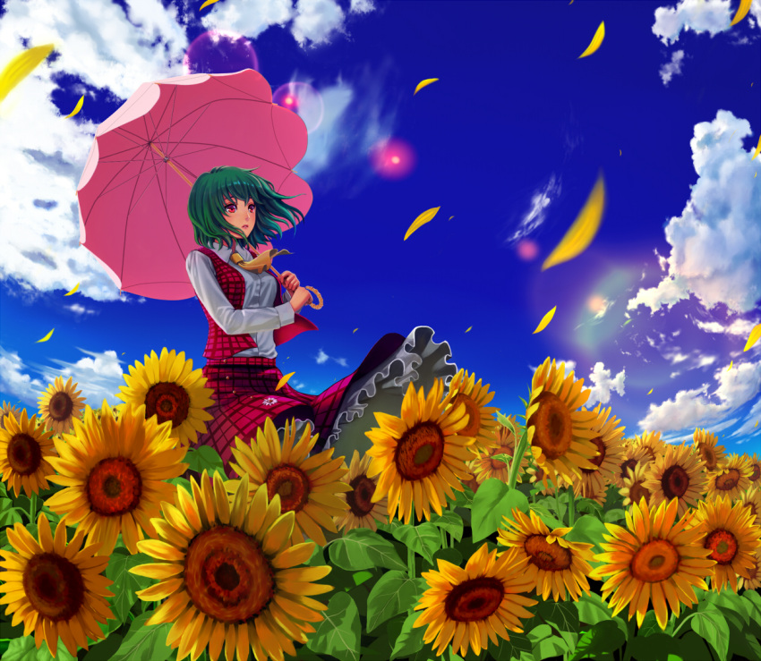 ascot, dress_shirt, flower, green_hair, kazami_yuuka, konoe3, lips, parasol