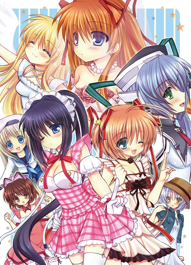 air, angel_beats!, blonde_hair, blue_eyes, blush, breasts, brown_eyes, brown_hair
