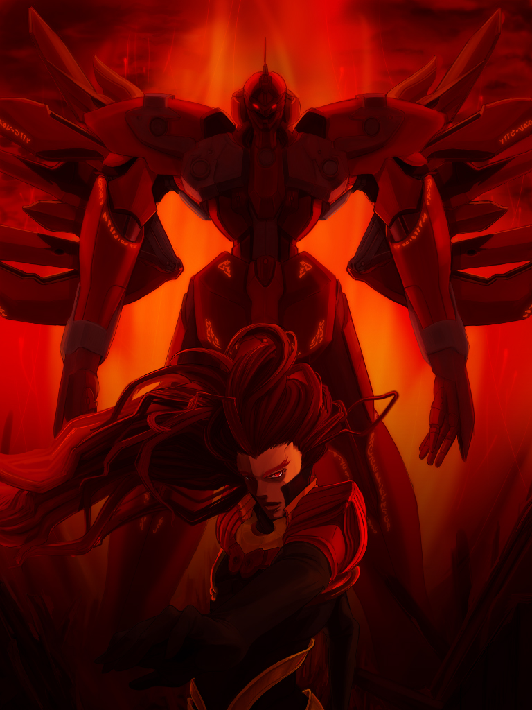 id, long_hair, male, mecha, monochrome, red_eyes, solo, weltall-id