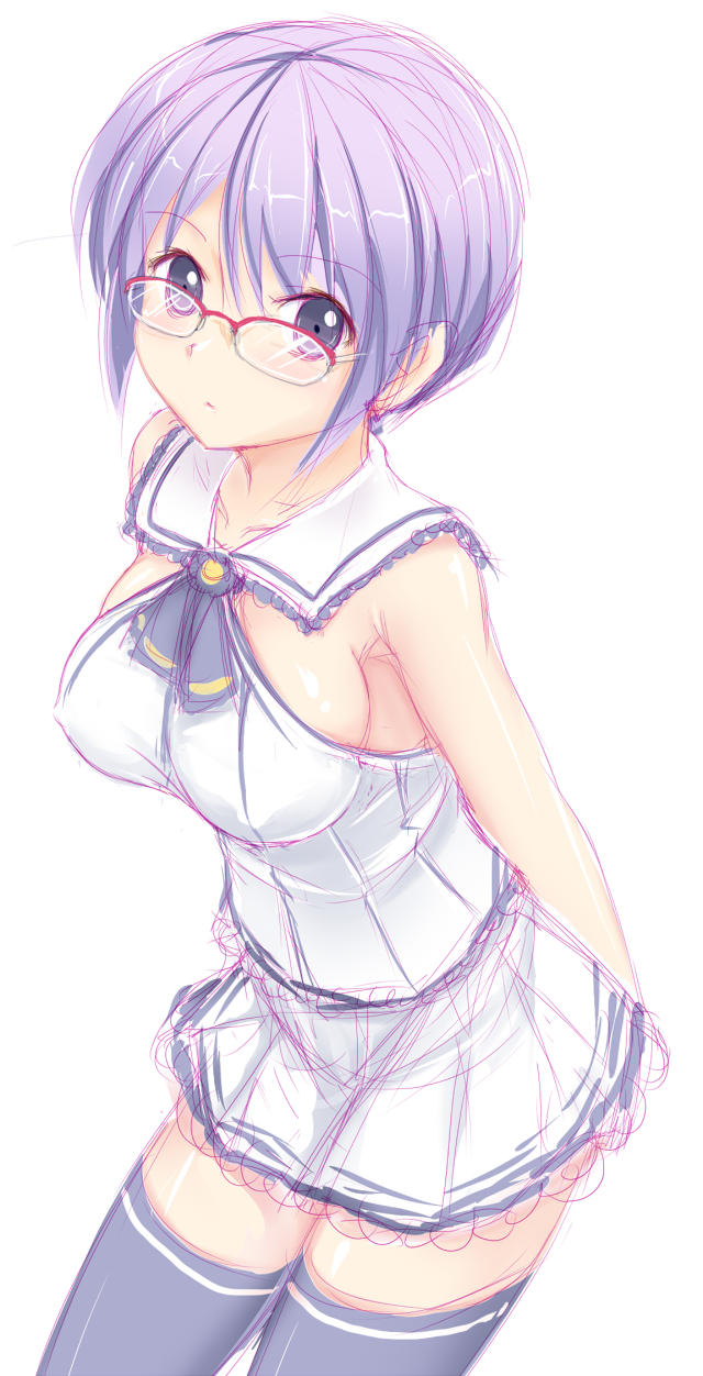 arms_behind_back, breasts, glasses, grey_eyes, highres, minazuki_(jo), original, purple_hair