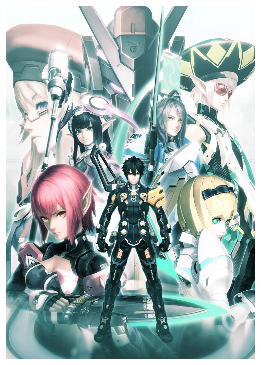 5girls, android, aqua_eyes, armor, black_hair, blonde_hair, blue_eyes, cleavage_cutout