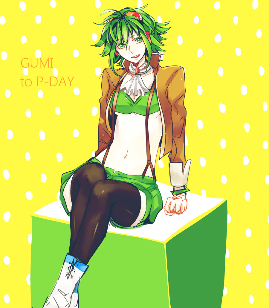 bad_id, character_name, goggles, goggles_on_head, green_eyes, green_hair, gui, gumi, megpoid_(vocaloid3), midriff, navel, open_mouth, rough, short_hair, shorts, sitting, smile, solo, suspenders, thigh-highs, thighhighs, vocaloid