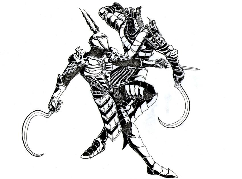 battle, crossover, dark_souls, demon's_souls, demon's_souls, fighting, knight_lautrec_of_carim, monochrome
