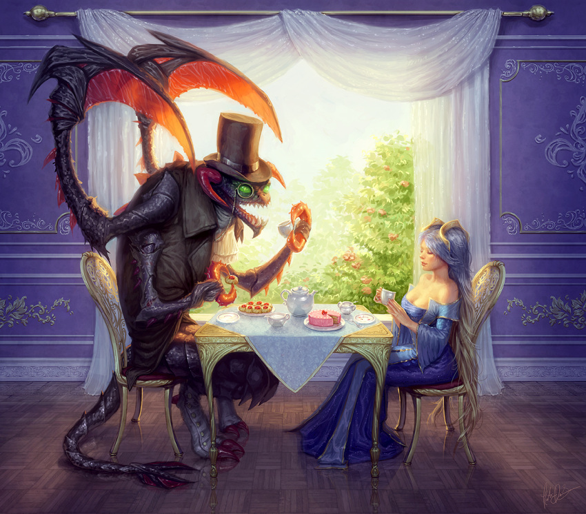 1girl, blue_hair, breasts, cake, cho'gath, cho'gath, cleavage, closed_eyes