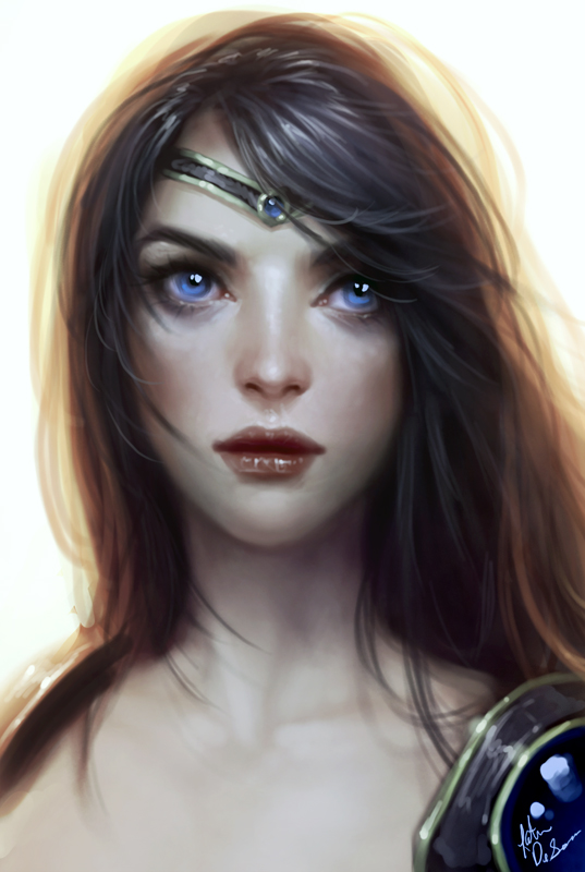black_hair, blue_eyes, bust, circlet, face, katie_de_sousa, league_of_legends, lips, realistic, signature, sivir, solo