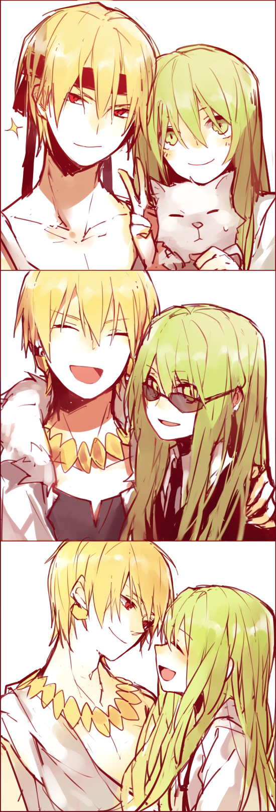 1girl, 5boys, blonde_hair, casual, cat, earrings, enkidu_(fate/strange_fake), fate/hollow_ataraxia