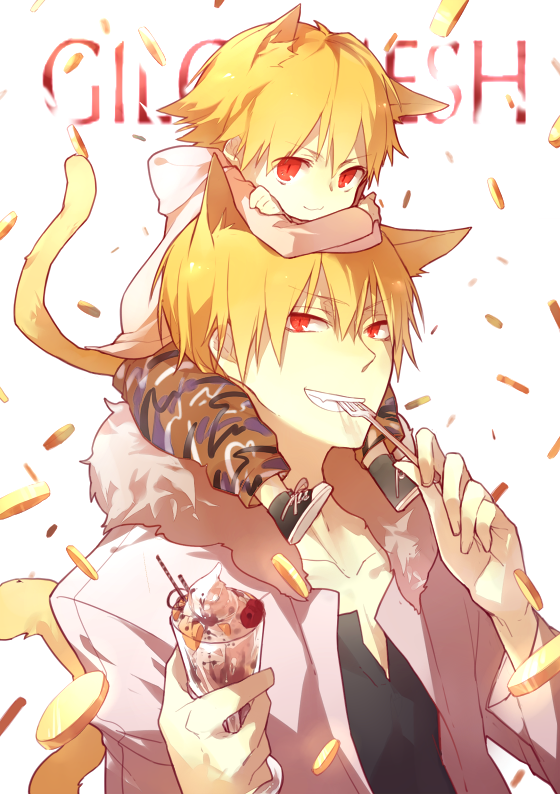 adult, animal_ears, blonde_hair, cat_ears, cat_tail, character_name, child, child_gilgamesh