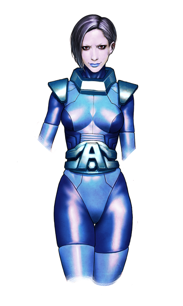 apocalypse_(marvel), bad_id, bodysuit, genderswap, grey_hair, lipstick, makeup, marvel, realistic, red_eyes, shiba_(berryeater), short_hair, silver_hair, skin_tight, solo, x-men