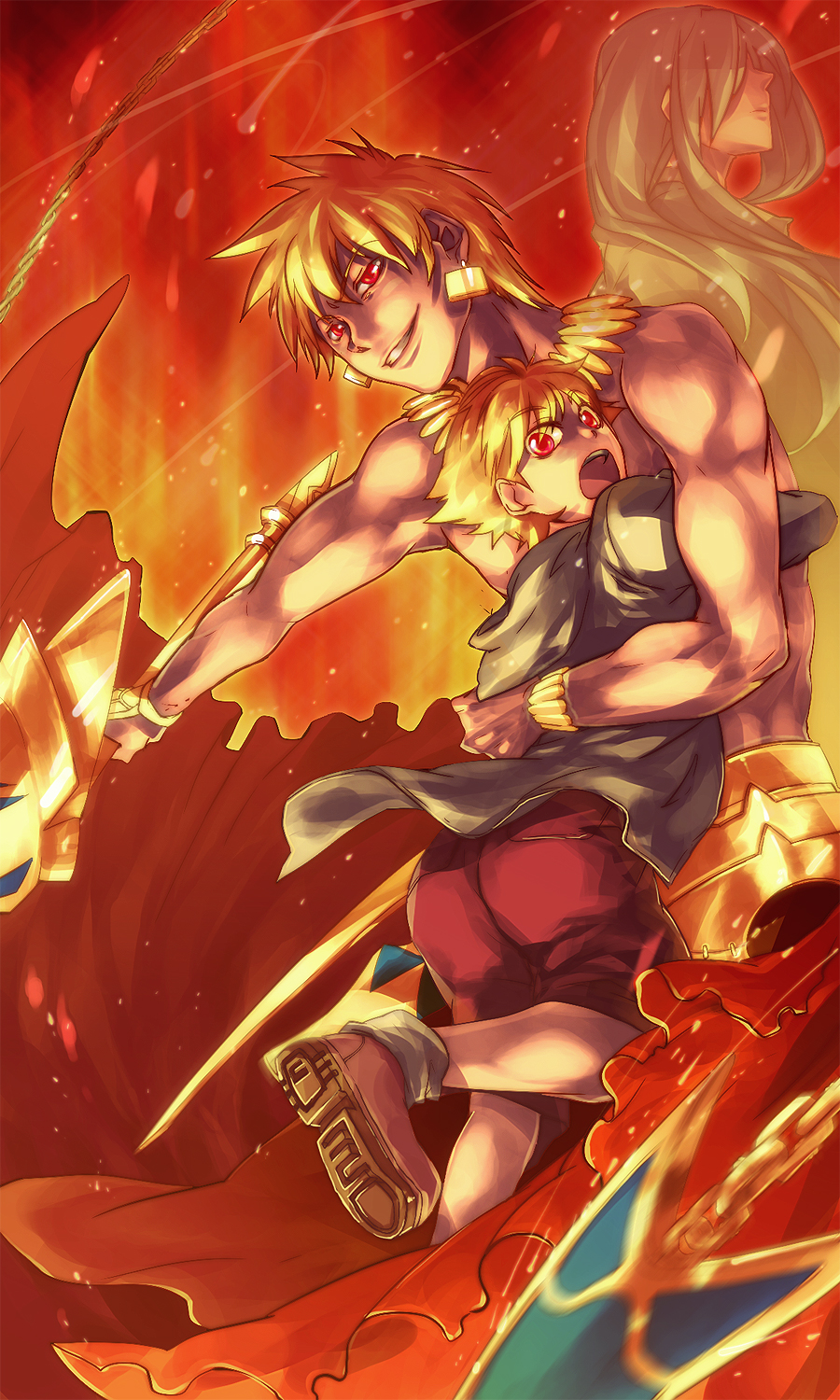 armor, blonde_hair, child, child_gilgamesh, dual_persona, ea_(fate/stay_night), earrings, enkidu_(fate/strange_fake)