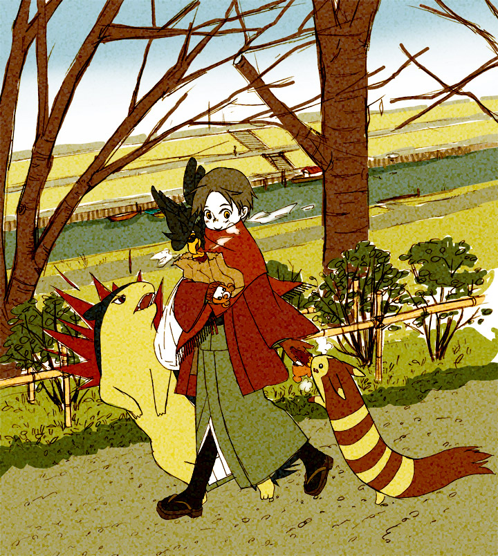 1boy, background, black_hair, eating, fall, furret, gold_(pokemon), gold_(pokemon)_(remake), kariha, murkrow, pokemon, pokemon_(creature), pokemon_(game), pokemon_gsc, pokemon_hgss, smile, teddiursa, typhlosion, walking, white_skin