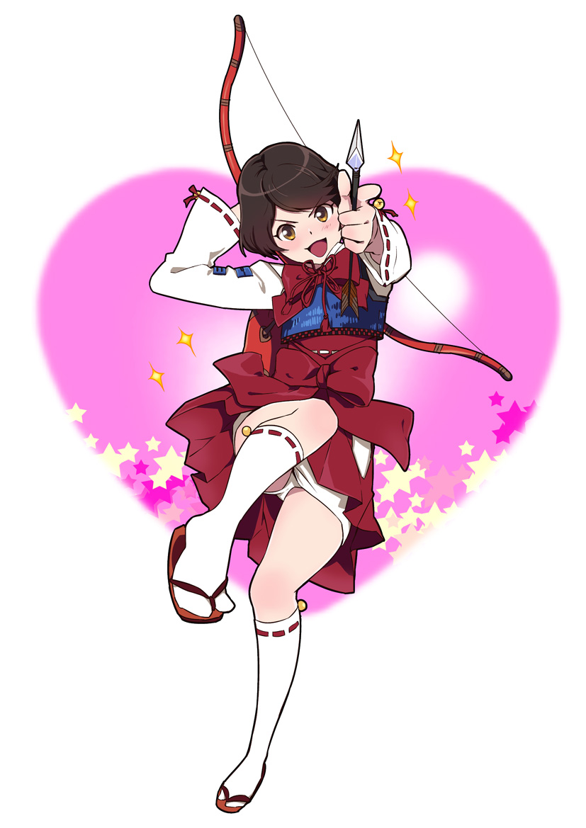:3, arrow, blush, bow, bow_(weapon), brown_eyes, brown_hair, heart