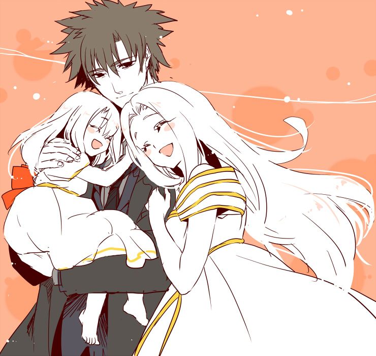 2girls, age_difference, black_eyes, black_hair, blush, couple, dress, emiya_kiritsugu, family, fate/zero, fate_(series), father_and_daughter, husband_and_wife, illyasviel_von_einzbern, irisviel_von_einzbern, kettle21, long_hair, mother_and_daughter, multiple_girls, red_eyes, white_hair