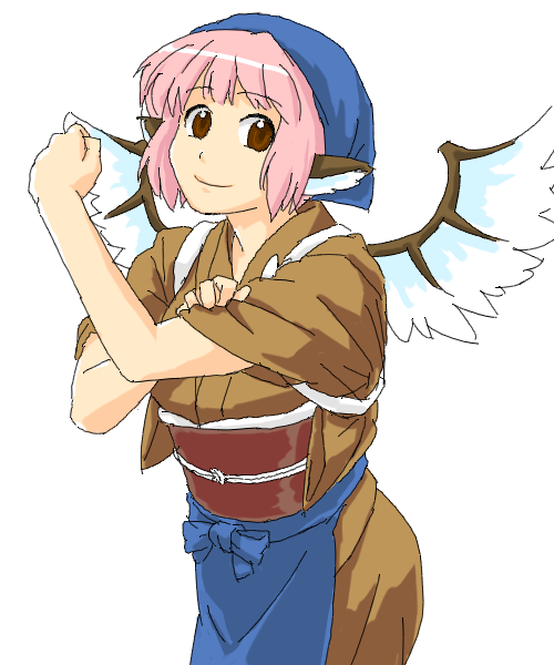 apron, brown_eyes, clenched_hand, fist, head_scarf, japanese_clothes, masukishi, mystia_lorelei