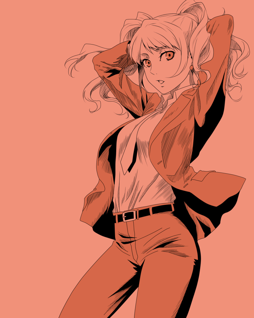 androgynous, arms_behind_head, belt, breasts, crossdressinging, earrings, female, formal