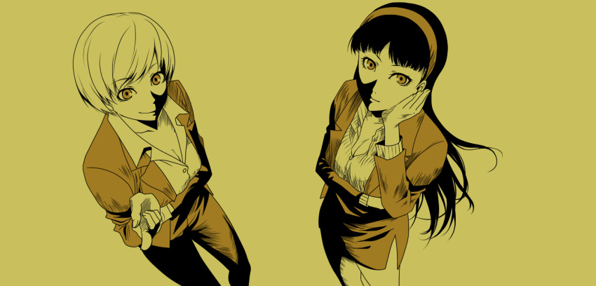 amagi_yukiko, arm_across_waist, black_hair, breasts, brown, brown_eyes, chin_rest, cleavage