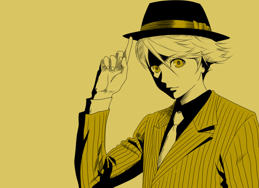 finger_on_hat, formal, gintama, hat, kuma_(persona_4), looking_at_viewer, male, monochrome