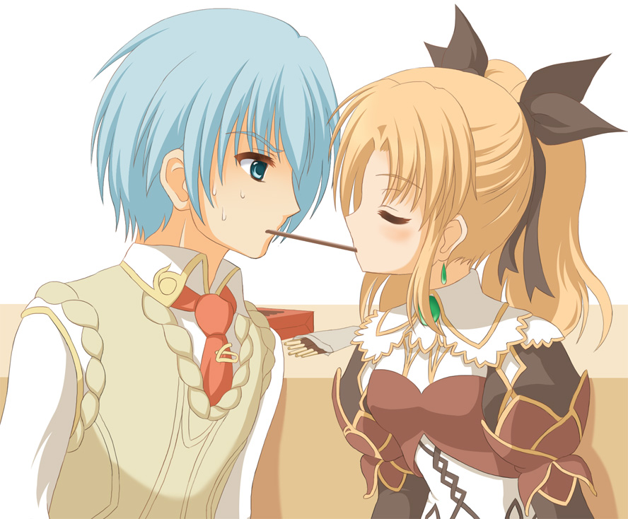 1boy, 1girl, aose_saratoga, closed_eyes, liliane_vehlendorf, mana_khemia, mana_khemia_2, pocky, pocky_kiss, rozeluxe_meitzen, shared_food, sweat