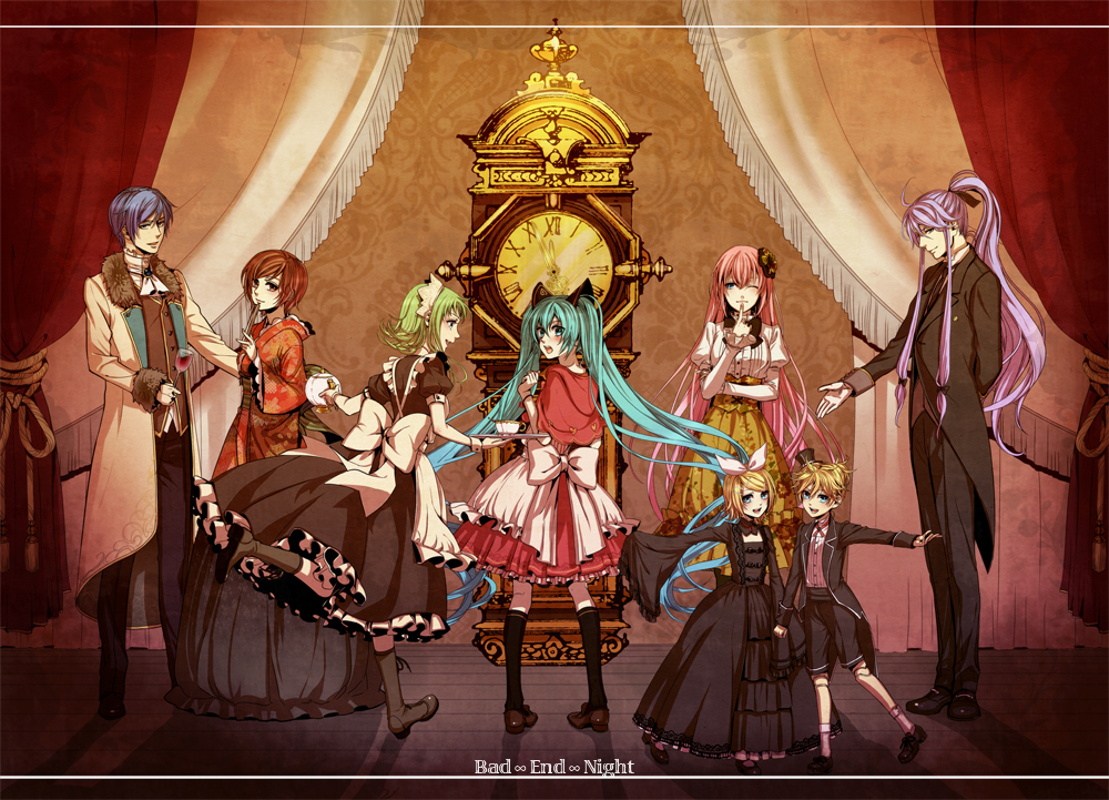 bad_end_night, bad_end_night_(vocaloid), blue_eyes, brown_hair, doll_joints, dress, everyone, formal, gothic, green_eyes, gumi, hair_ornament, hair_ribbon, hairclip, hat, hatsune_miku, japanese_clothes, kagamine_len, kagamine_rin, kaito, kamui_gakupo, kimono, long_hair, maid, megurine_luka, meiko, ribbon, short_hair, suit, suzunosuke_(artist), suzunosuke_(sagula), top_hat, twintails, vocaloid, wallpaper, wink