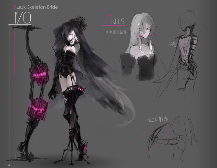 black_rock_shooter, bow_(weapon), corset, glowing, glowing_eyes, grey_hair, high_heels, original