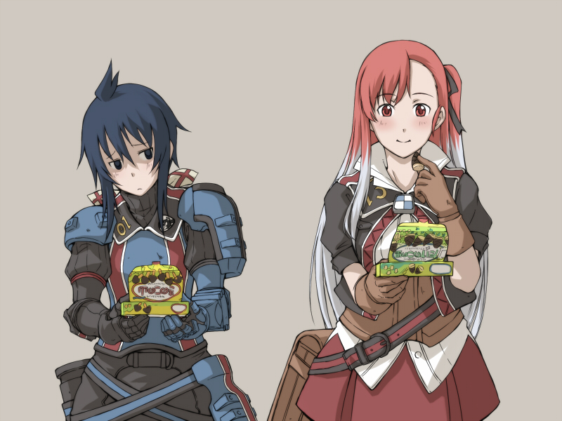 2girls, armor, belt, blue_eyes, blue_hair, blush, darcsen, female