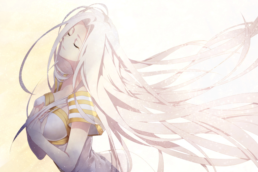 dress, eyes_closed, fate/zero, fate_(series), hands_on_another's_chest, hands_on_another's_chest, hands_on_own_chest, irisviel_von_einzbern, kai28, long_hair, white_hair