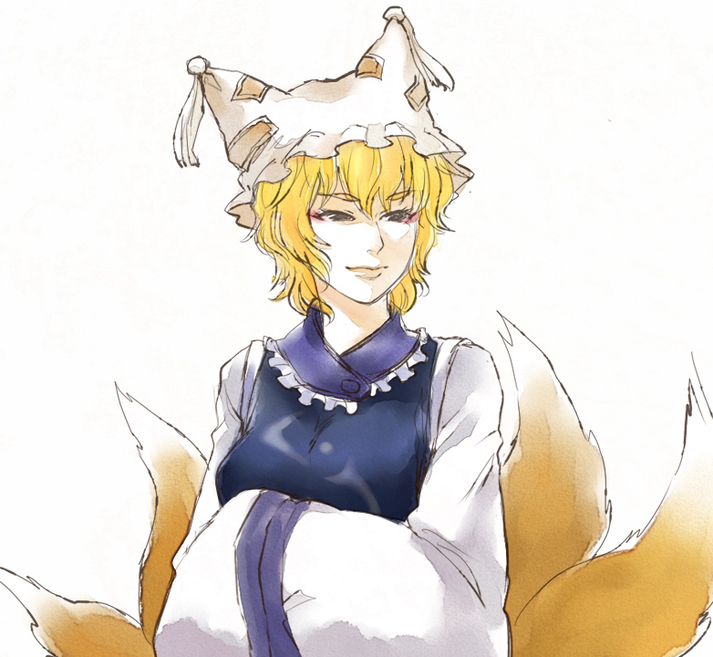 blonde_hair, bust, face, fox_tail, hands_in_sleeves, hat, kemuma, short_hair