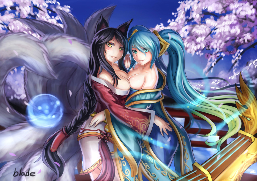 ahri, ahri_(league_of_legends), animal_ears, aqua_eyes, aqua_hair, bare_shoulders, braid, breast_press, breasts, bridge, cherry_blossoms, cleavage, detached_sleeves, facial_mark, female, fox_ears, fox_tail, gradient_hair, green_hair, hug, japanese_clothes, league_of_legends, long_hair, looking_at_viewer, multicolored_hair, multiple_girls, multiple_tails, night, off_shoulder, petals, qblade, smile, sona_buvelle, symmetrical_docking, tail, twintails, very_long_hair, yellow_eyes, yuri