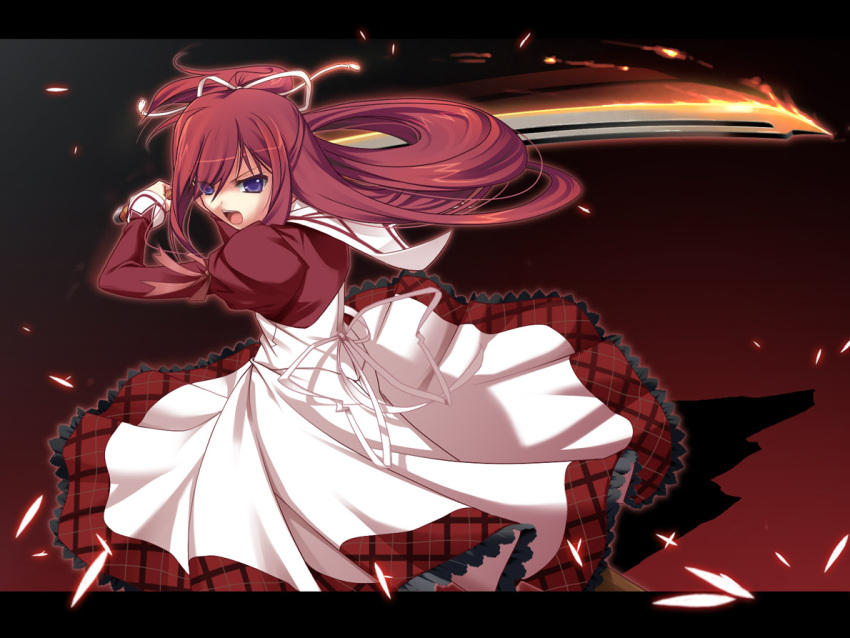 flaming_sword, kusakabe_misuzu, lass_(company), purple_eyes, red_hair, redhead, ribbon, school_uniform